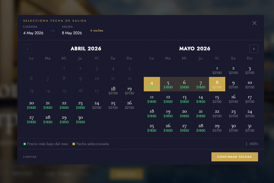 Calendario de precios — Motor de Reservaciones Arpón